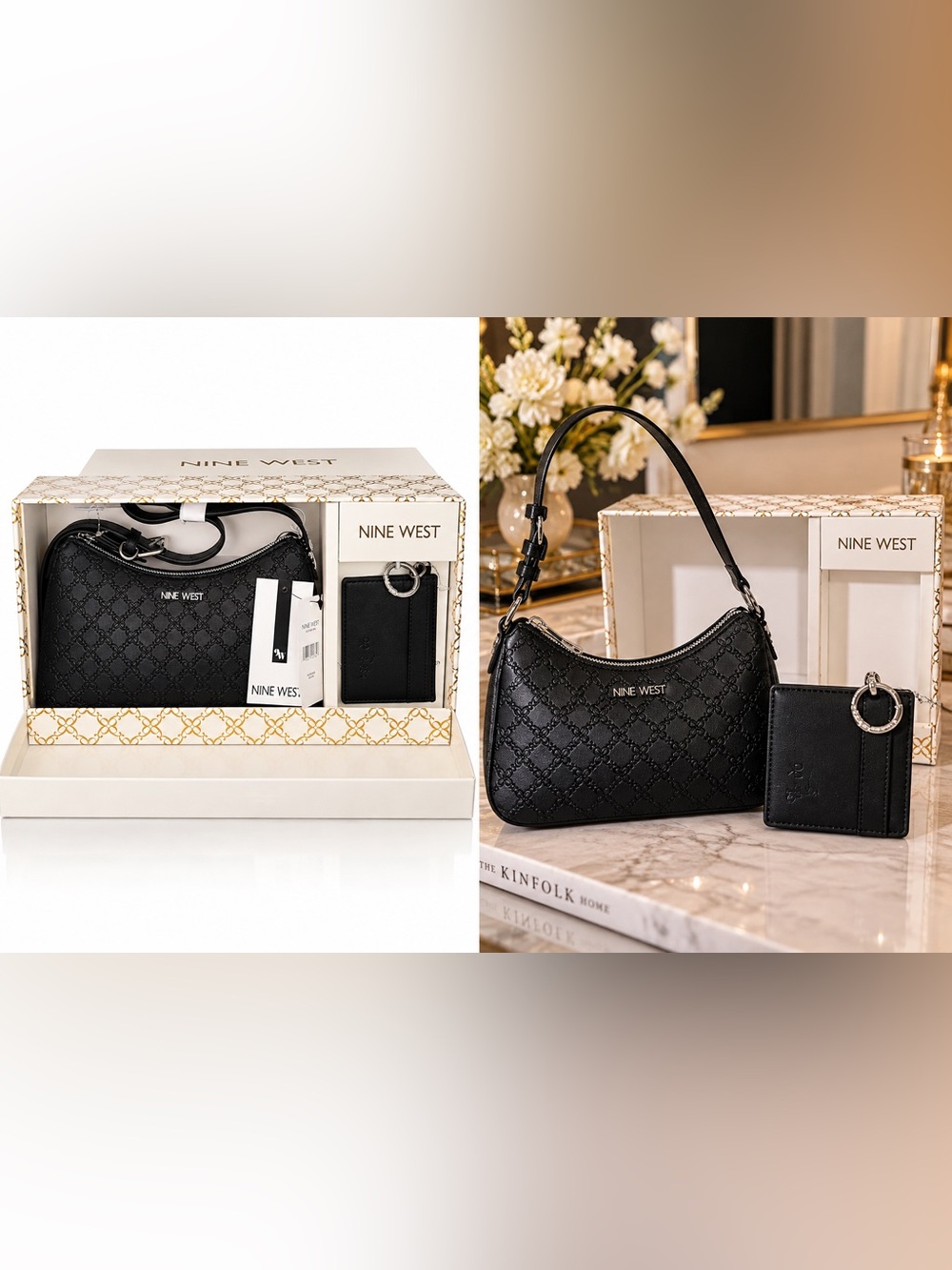 Nine West Black Embossed Shoulder Bag with Card Case Gift Set